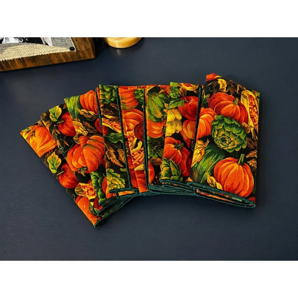 Handmade Fall Harvest Cloth Napkins Pumpkins Set of 8 Autumn Thanksgiving Vtg